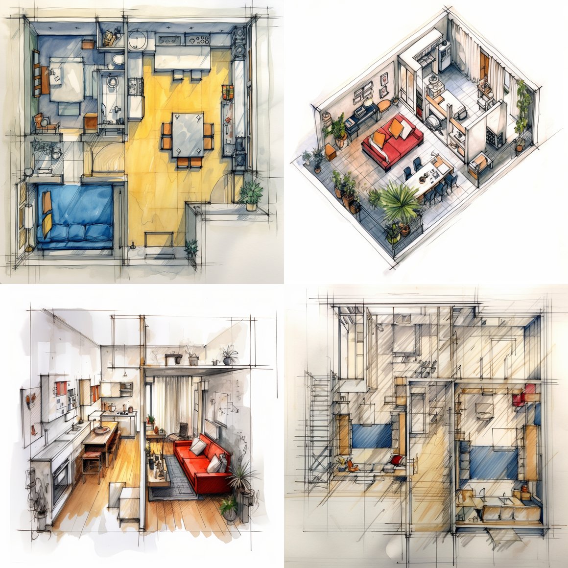 Midway Sketch of Apartment Floor Plan with Detailed Furniture Layout
