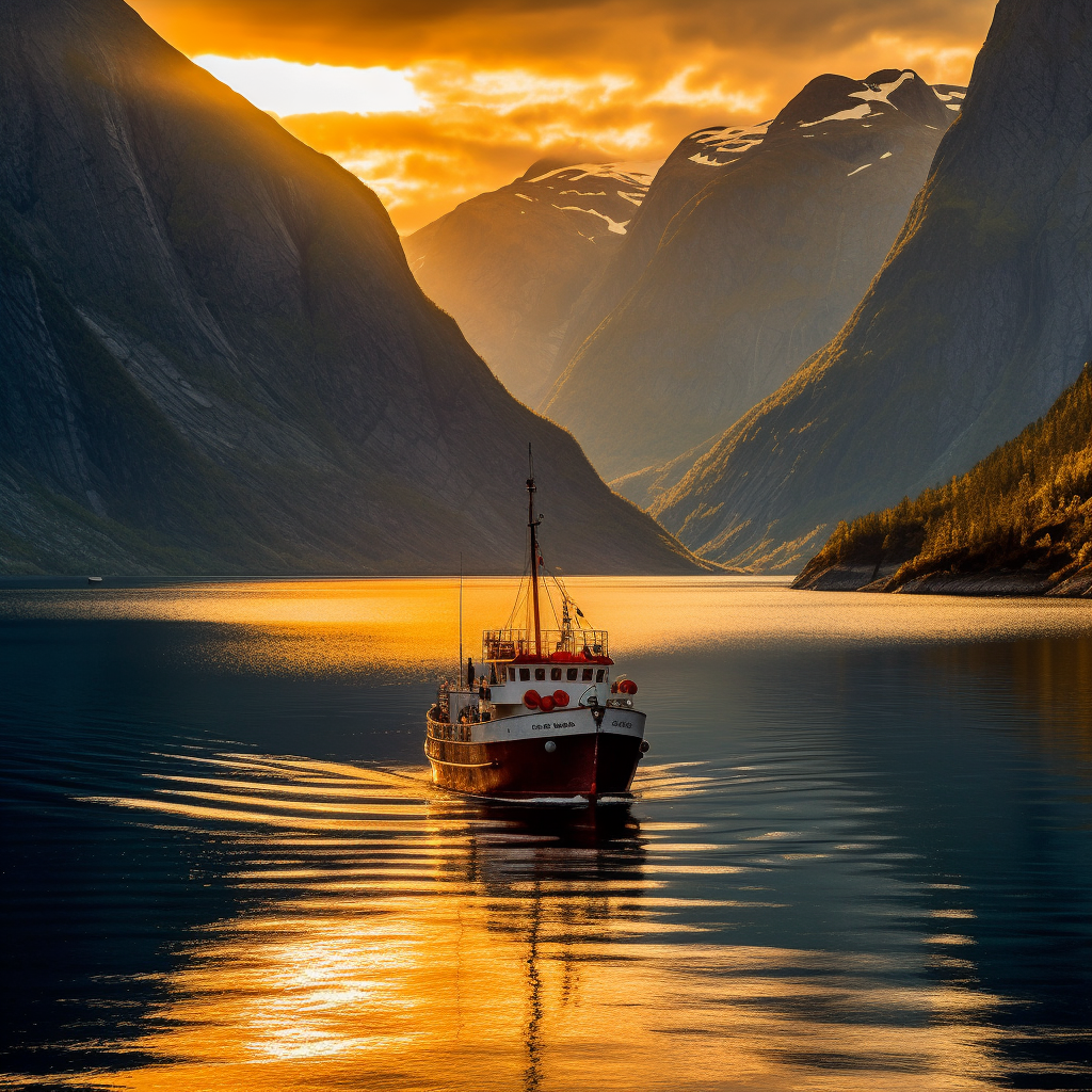 A Sunset Ensemble of Norwegian Fjords and Majestic Mountains