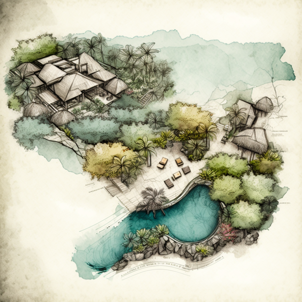 Mid-Journey Sketch Concept of a Seychelles Resort Pool Area