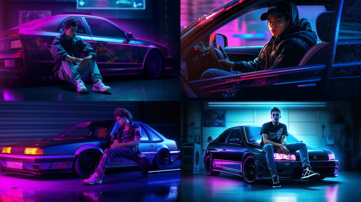 Neon Cruise: Synthwave Journey in JDM Tuner Car