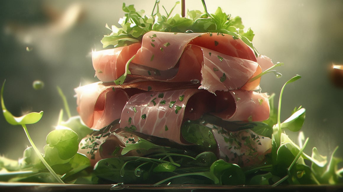 Cinematic Macro Photography of Duck Ham and Arugula Skewer