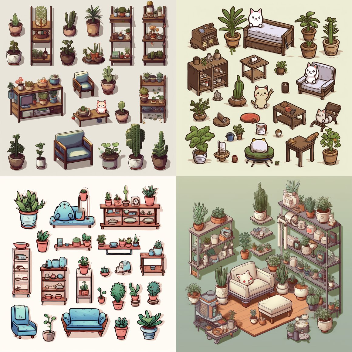Neko Atsume-Inspired Home Furniture and Houseplants Illustration Collection
