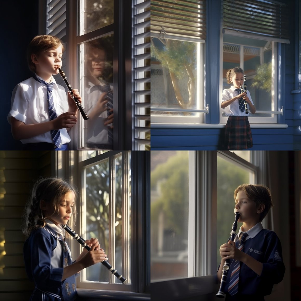 Australian School Child Playing Recorder in Home Window - 4K Photorealistic Render