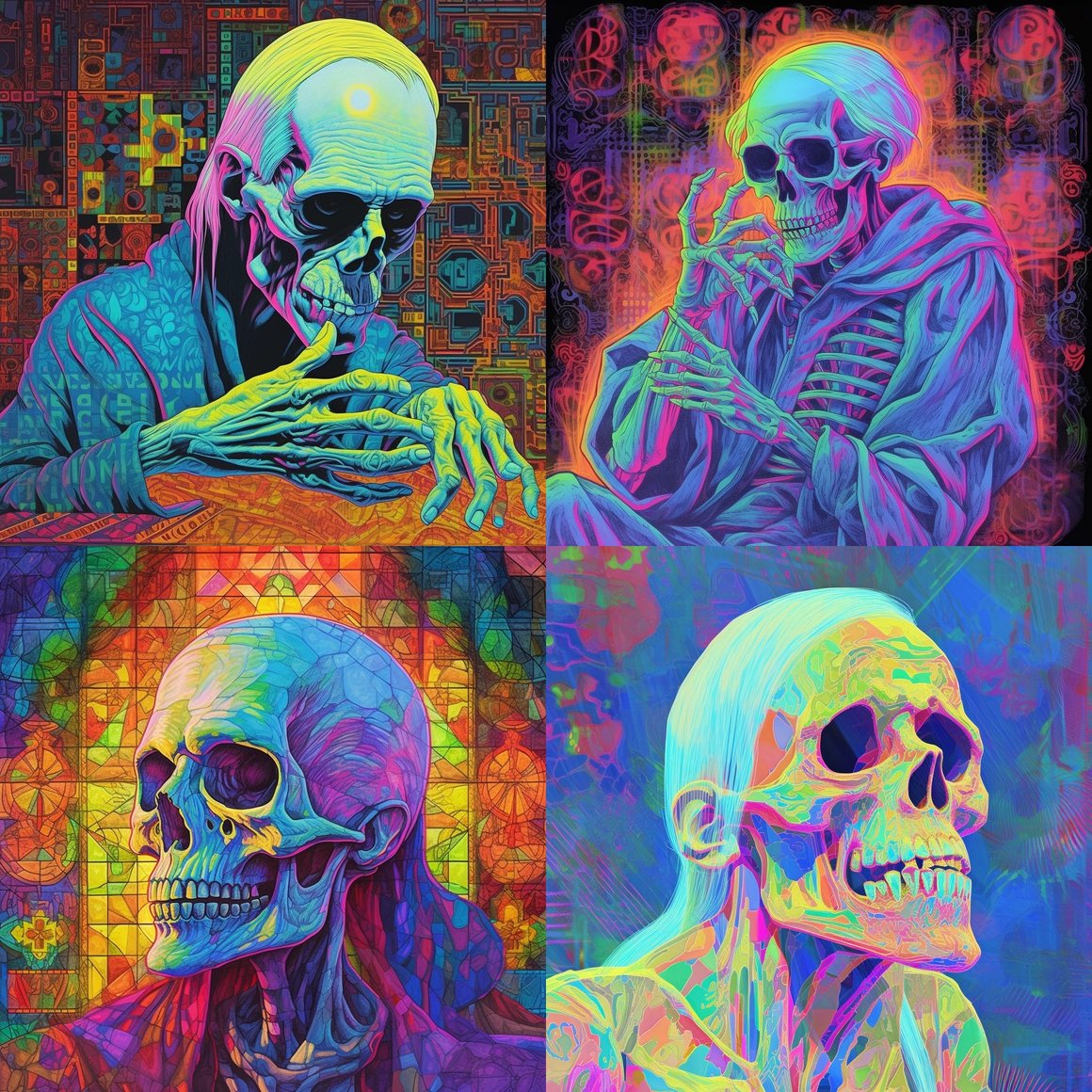 Neon Crypt Keeper: Holographic Silk Collage Journey