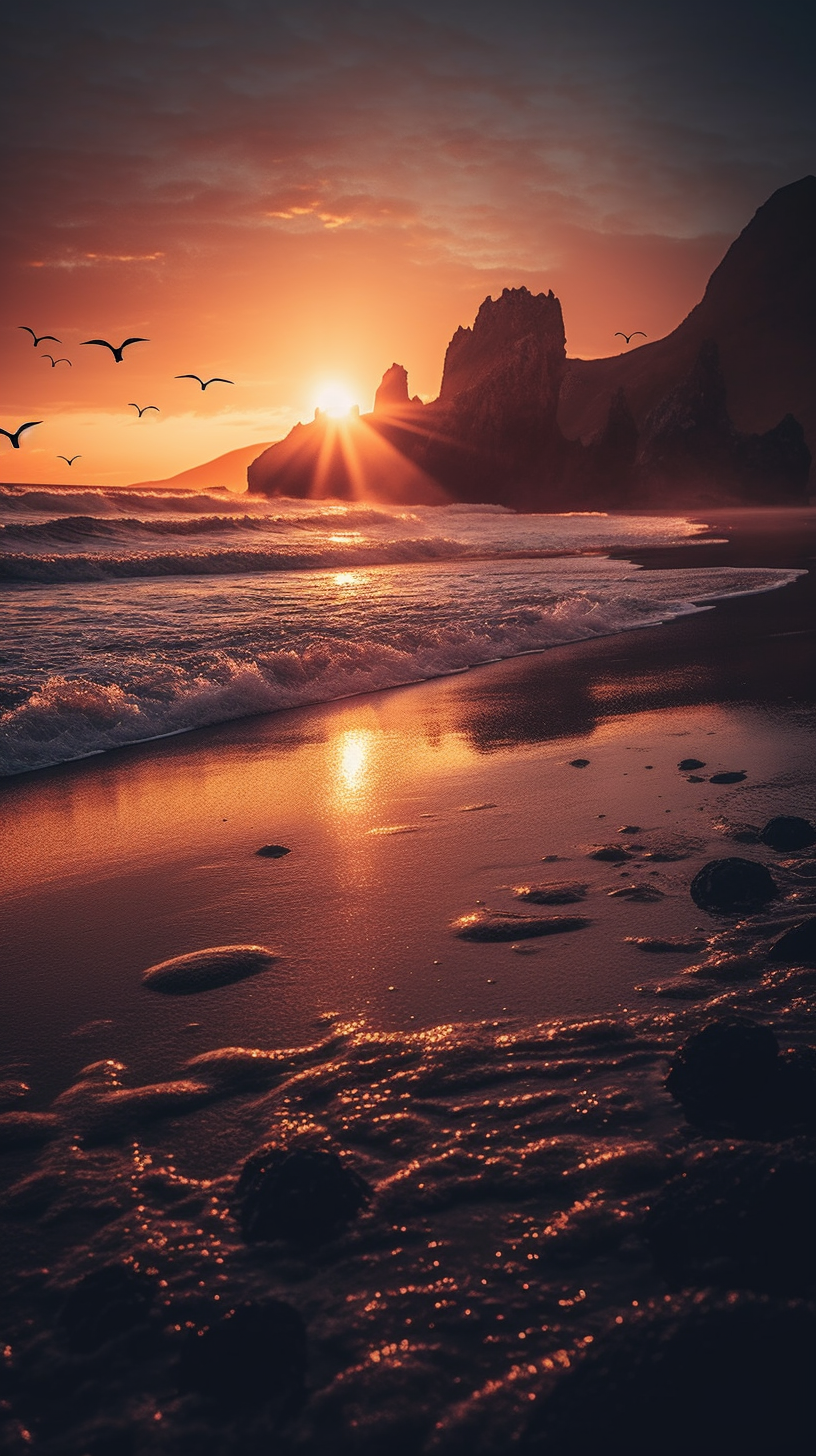 Cinematic Exploration of Hyper-Realistic Black Sand Beach Sunrise