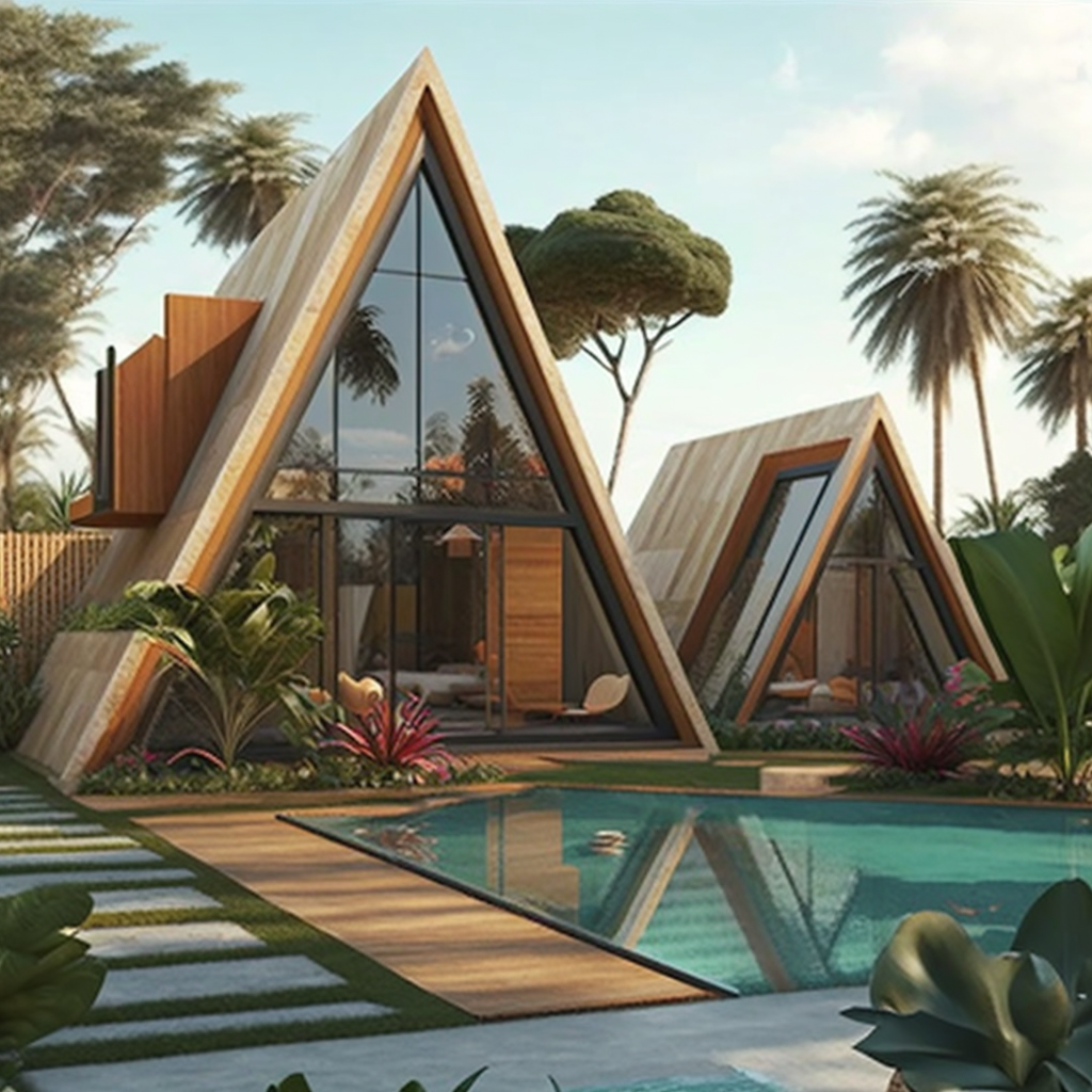 Designing Triangular Wooden House Complex with Private Gardens and Poolside Retreat