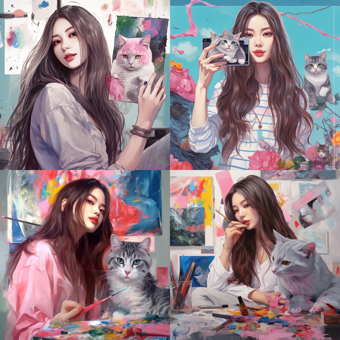 Detailed Colorful Portrait of a Korean Artist with Cat
