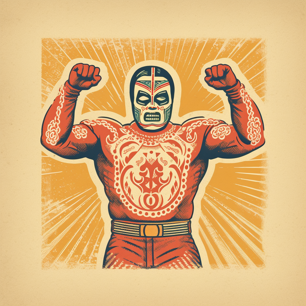 Retro Mexican Wrestler T-Shirt Design with Modern Authentic Colors in Dot Matrix Screen Printing