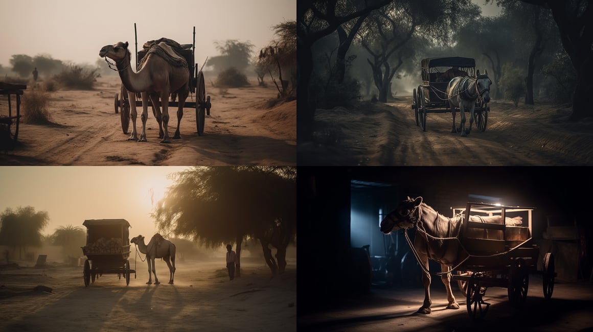 Cinematic Odyssey: Mid-journey Camel Caravan in Rajasthan