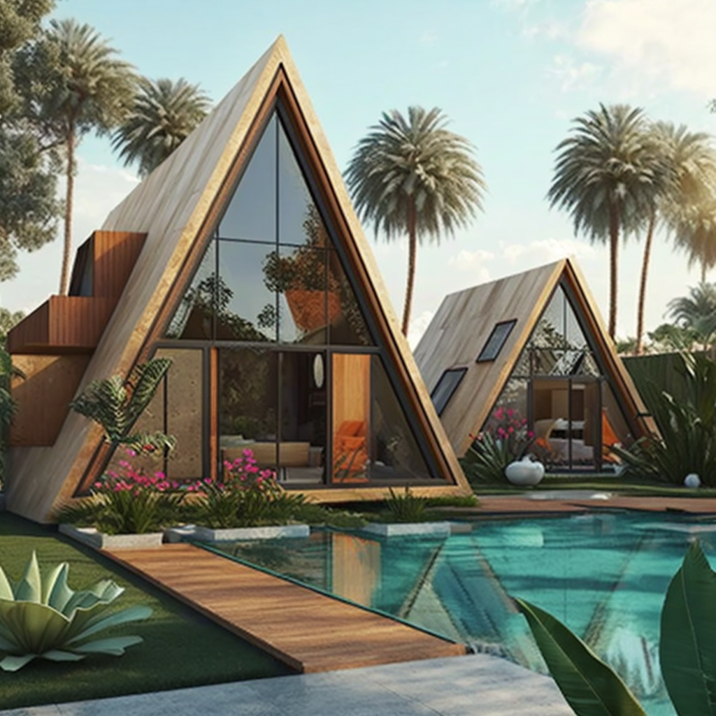 Designing Triangular Wooden House Complex with Private Gardens and Poolside Retreat
