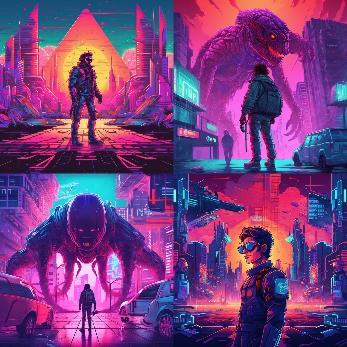Neon Savior: A Synthwave Hero Against Pixel Monstrosities