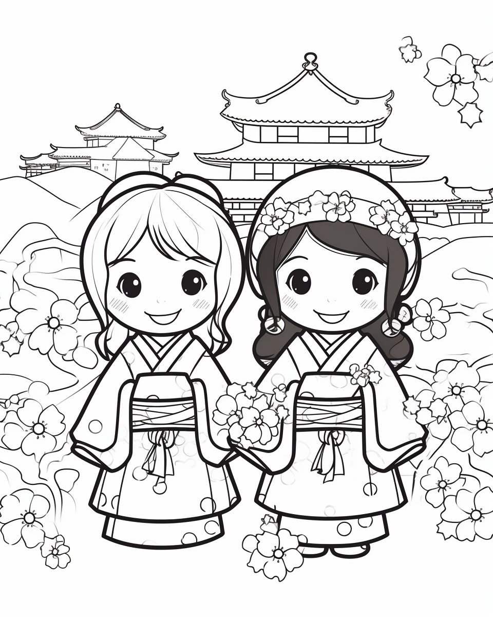 Happy Torii & Cherry Blossoms Coloring Page Mid-Journey Prompt