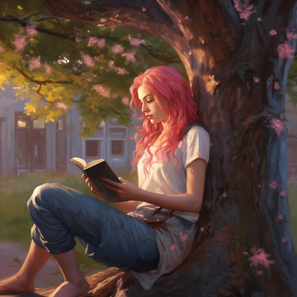 Midday Serenity: The Pink Haired Bookworm Under the Oak
