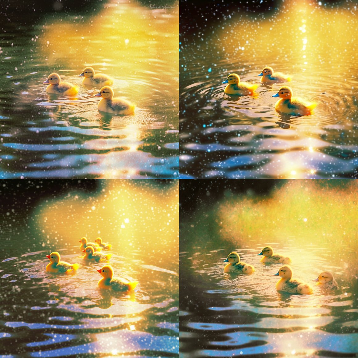 Retro Glimpse of Ducklings on Azure Ripples
