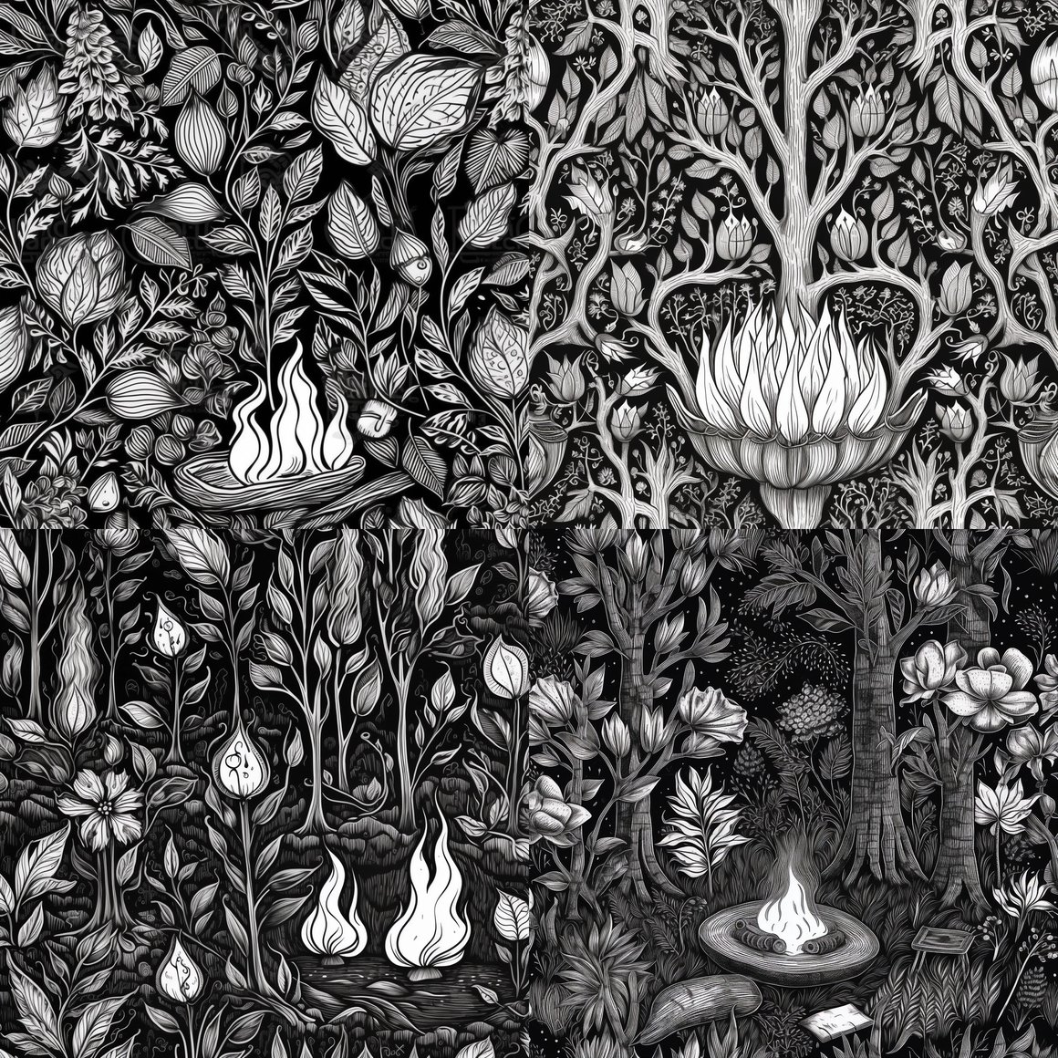 Art Nouveau Journey: Etched Campfire Scene Seamless Pattern