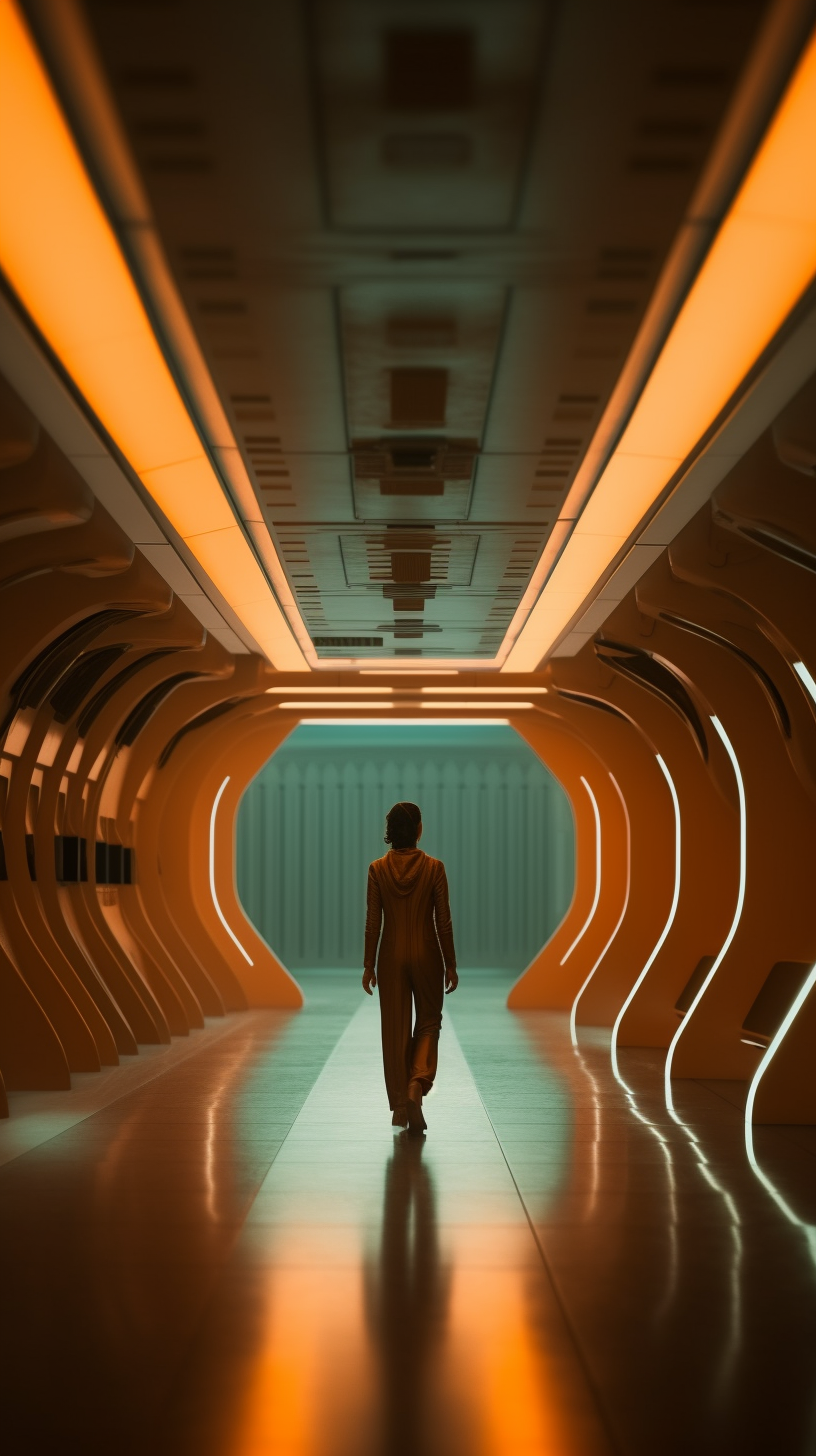 Retrofuturistic Spaceship Walk: A Cinematic Still