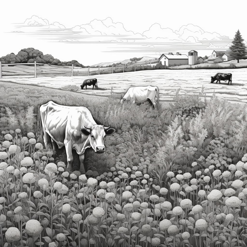 Detailed Line Art of Grazing Cows