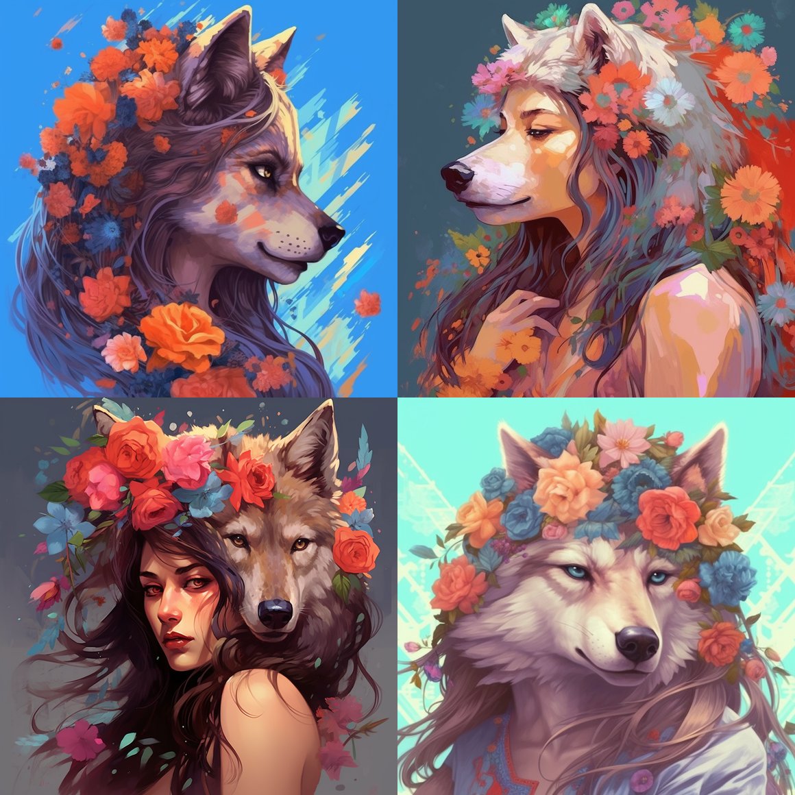 Summer Love: A Mystical Journey with Wolf and Flowers
