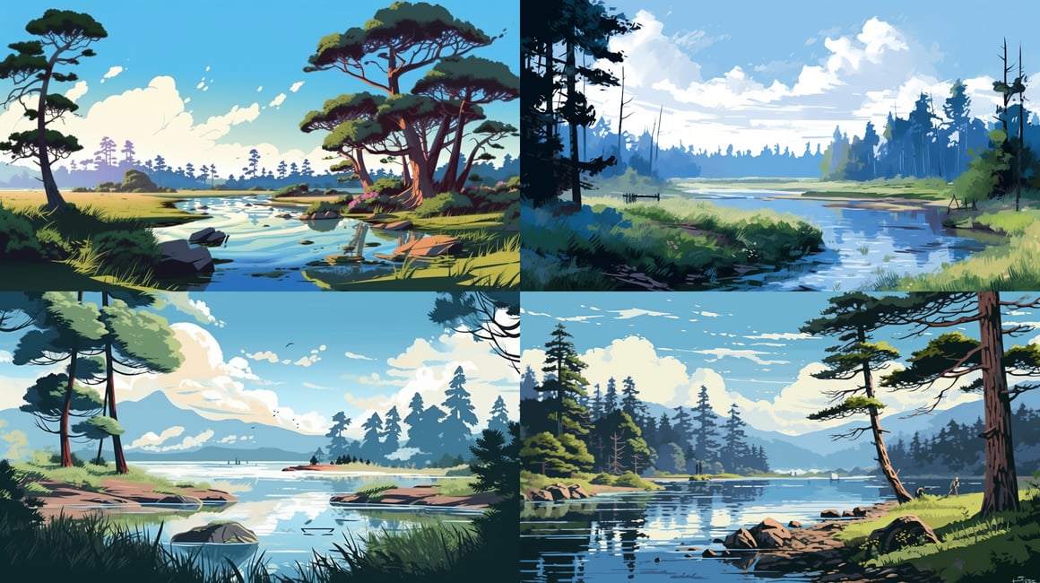 Handwritten Japanese River Landscape in Strong Sunlight