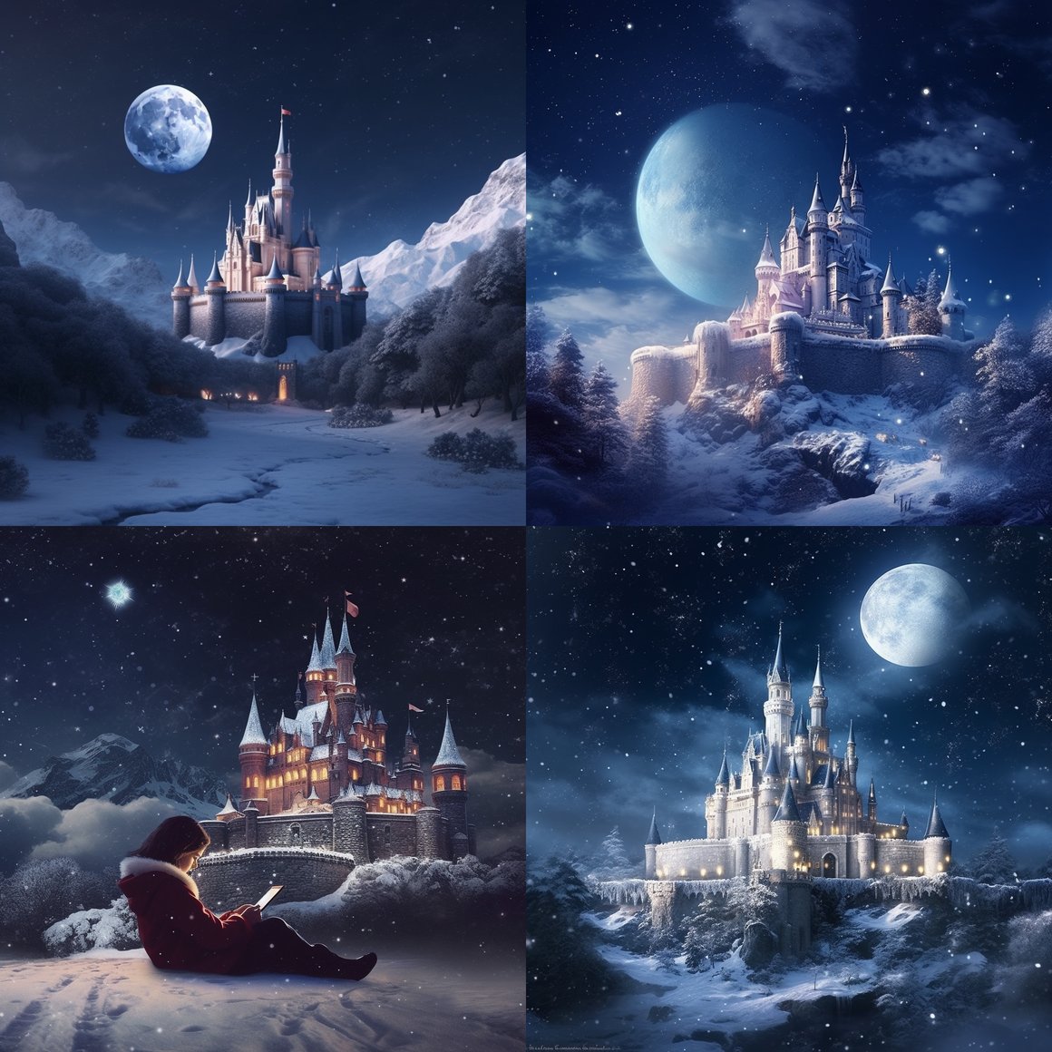 Neo's Technological Journey through the Snowy Castle under the Starlit Night Sky