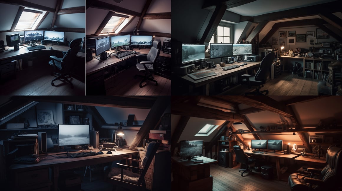 Midnight Gaming Session in Overcast Attic Room