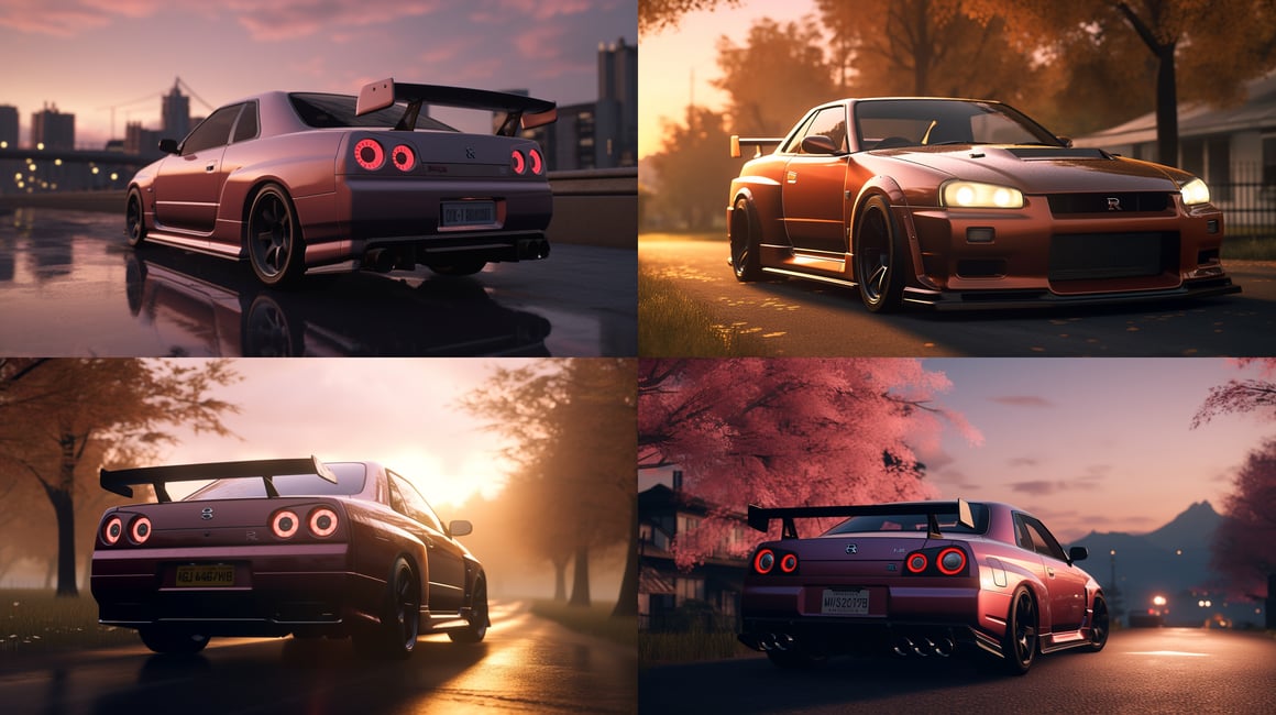 4K Ultra Realistic Journey with Nissan Skyline R34 Amidst Sakura-lined Streets at Sunset