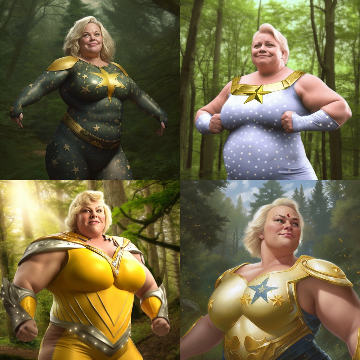 Middle-Aged Superwoman Amidst the Forest Greens