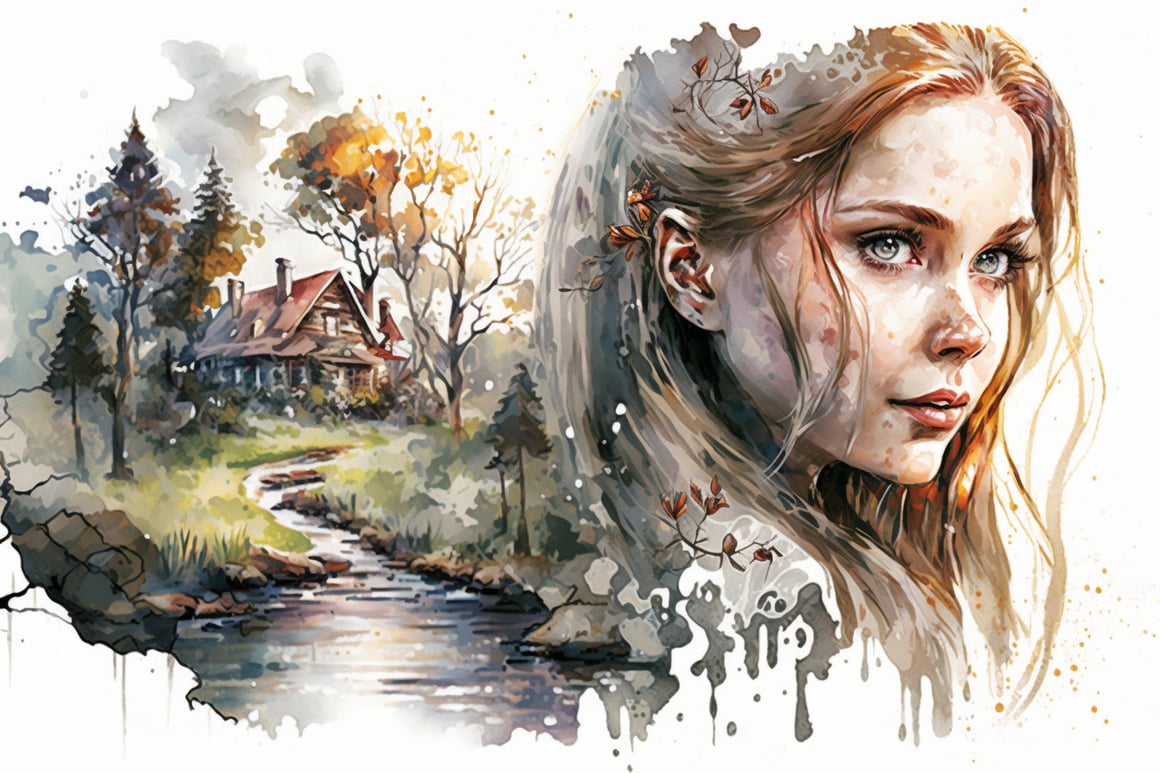 Summer Forest River - Watercolor Art Illustration