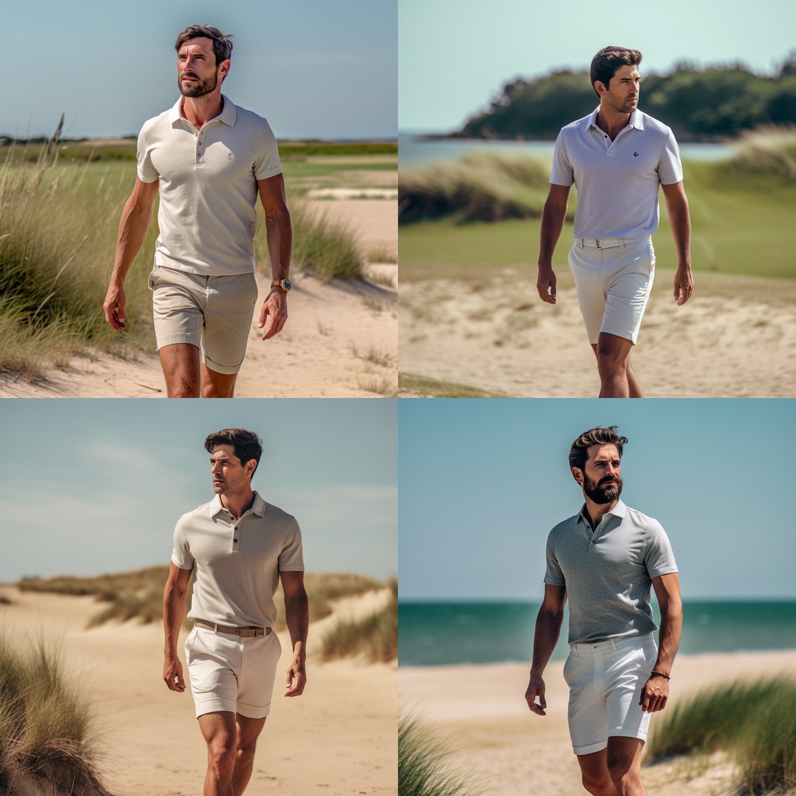 A Male Model's Mid-journey Pause on a Coastal Golf Course