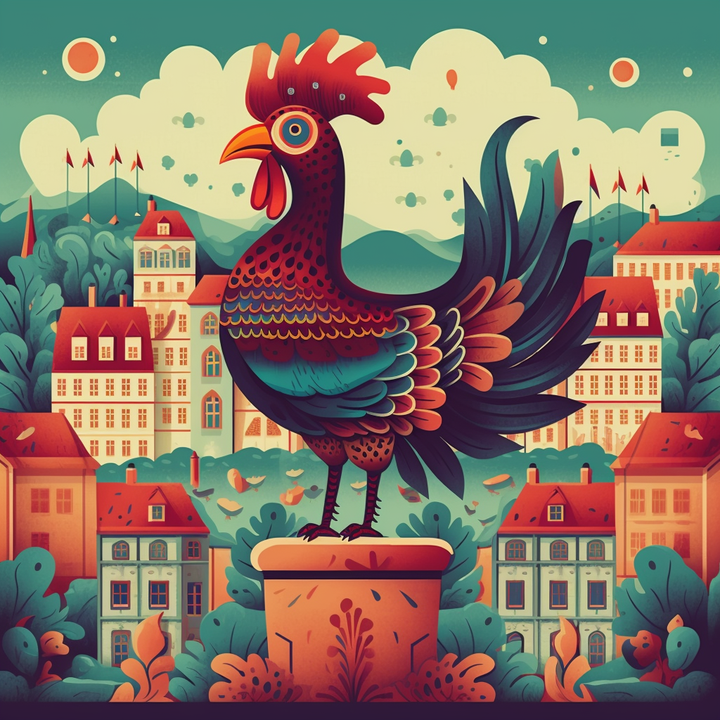 Retro Style Illustration of Gallo de Barcelos in Lisbon's Landscape