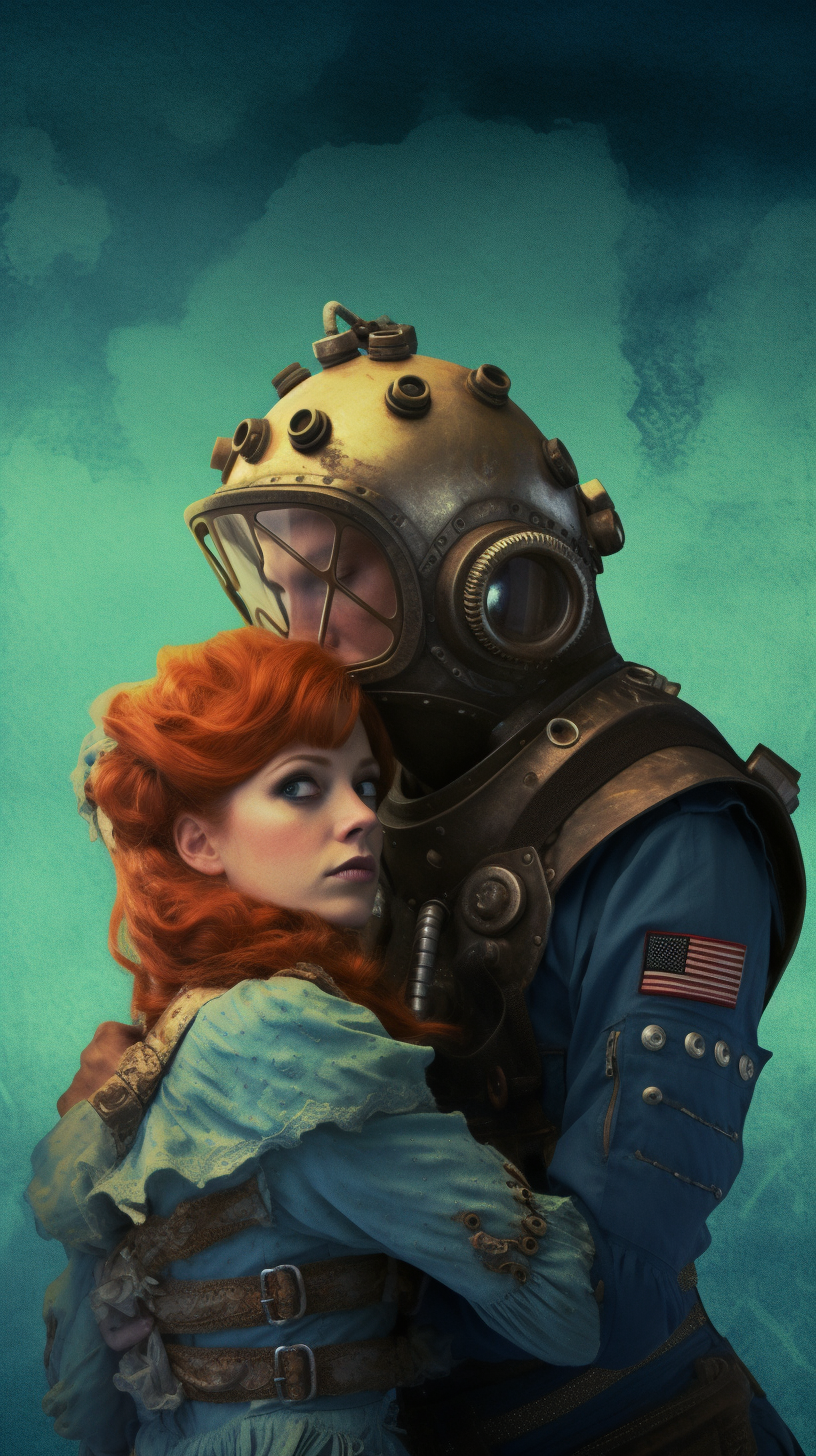 Retro Styled Beauty Portrait of a Mermaid and Diver
