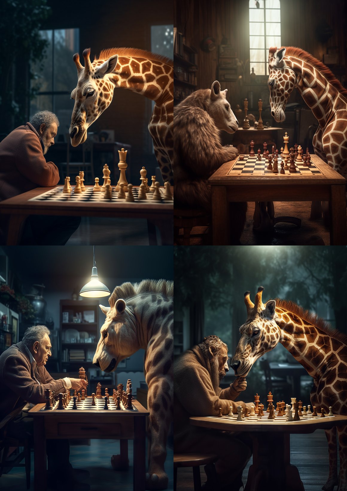 Cinematic Hyper-Realistic Chess Encounter: Bear vs. Giraffe