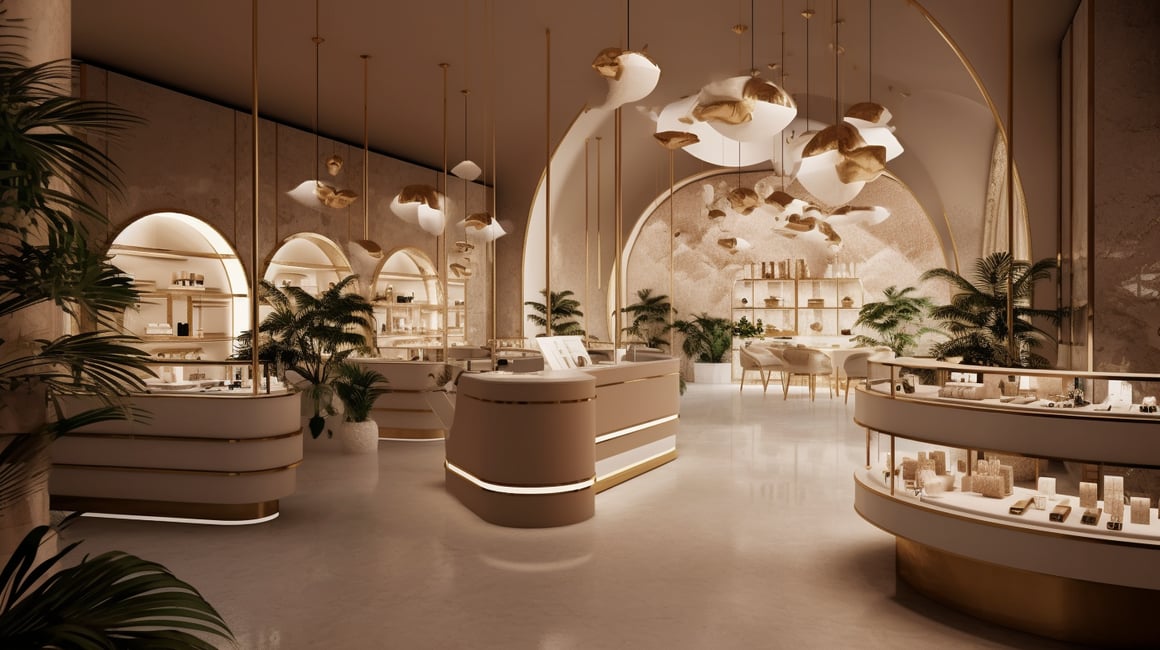 Designing a Luxurious Ibiza-Inspired Jewelry Retail Space with Gaudi-esque Elements and Dramatic Lighting
