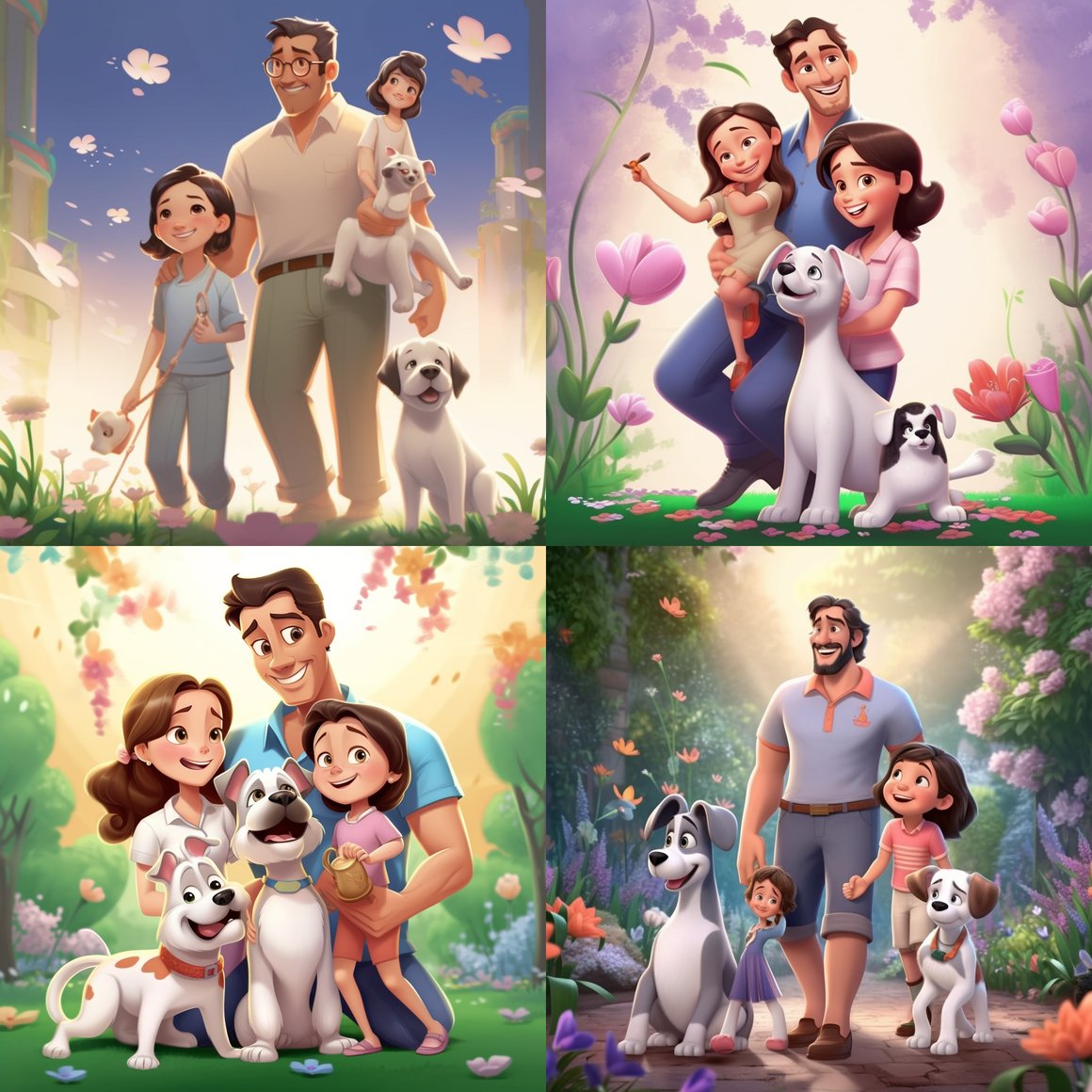 Disney-style 3D Family Portrait in a Flower Laden Macaroon Store Scene