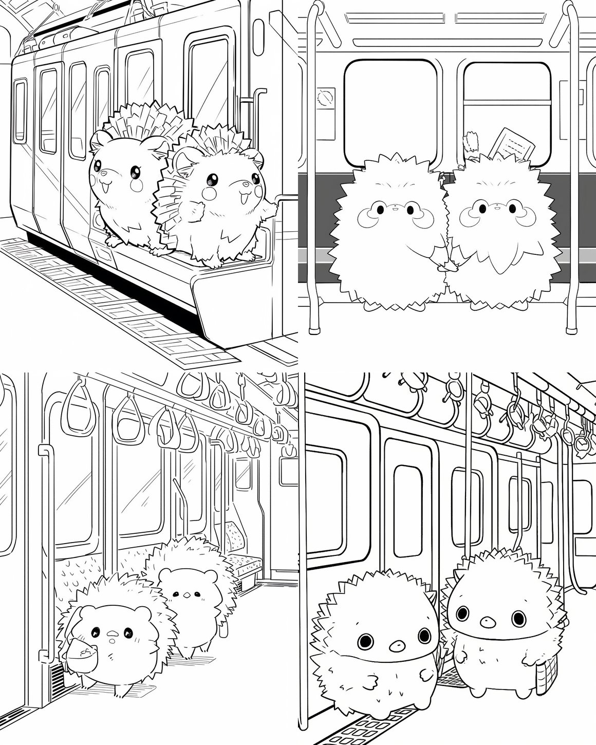 Subway Rendezvous: Kawaii Hedgehogs Journey Coloring Page