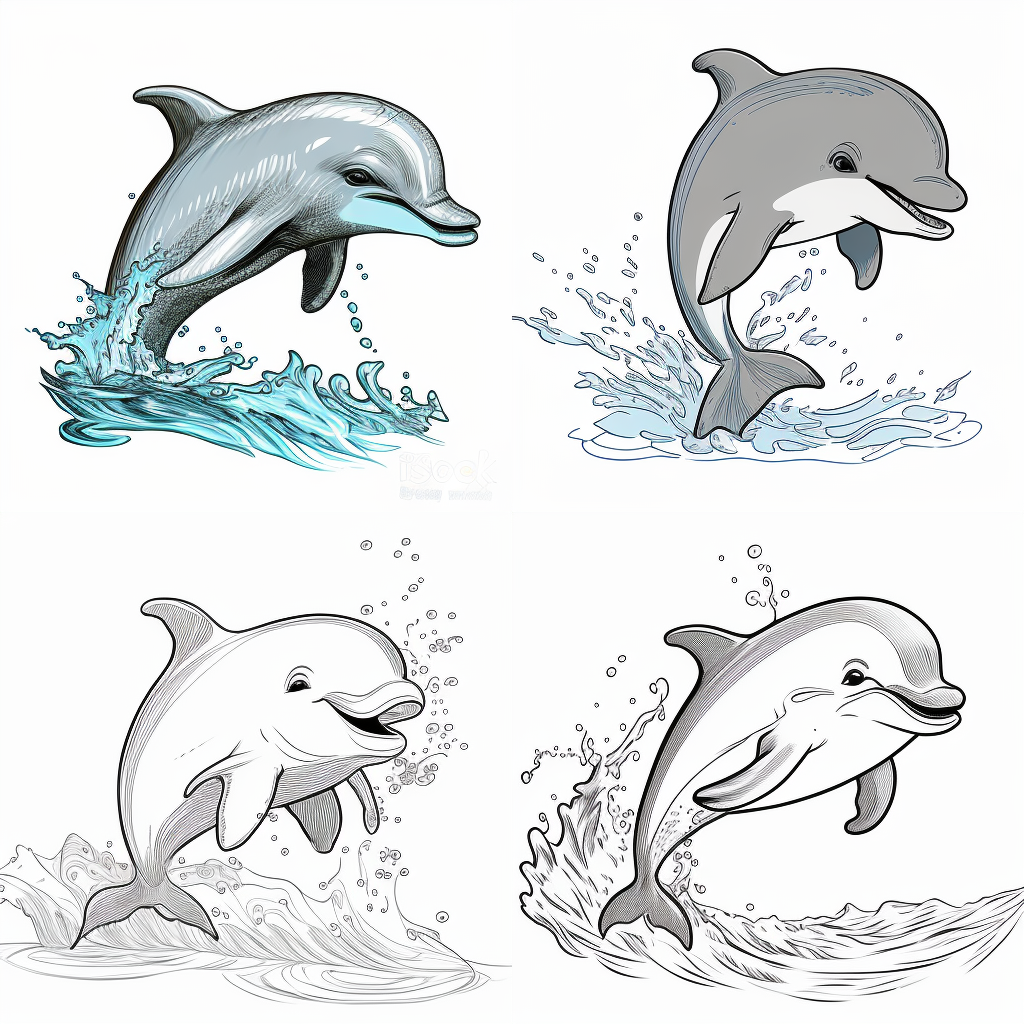 Happy Baby Dolphin Mid-Swim Jump - Cartoon Style Lineart Clip Art