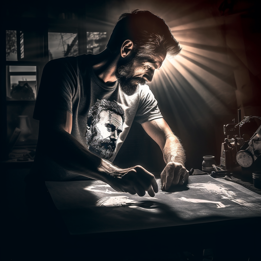 Artful Precision: Man Creating Screen-printed T-shirt