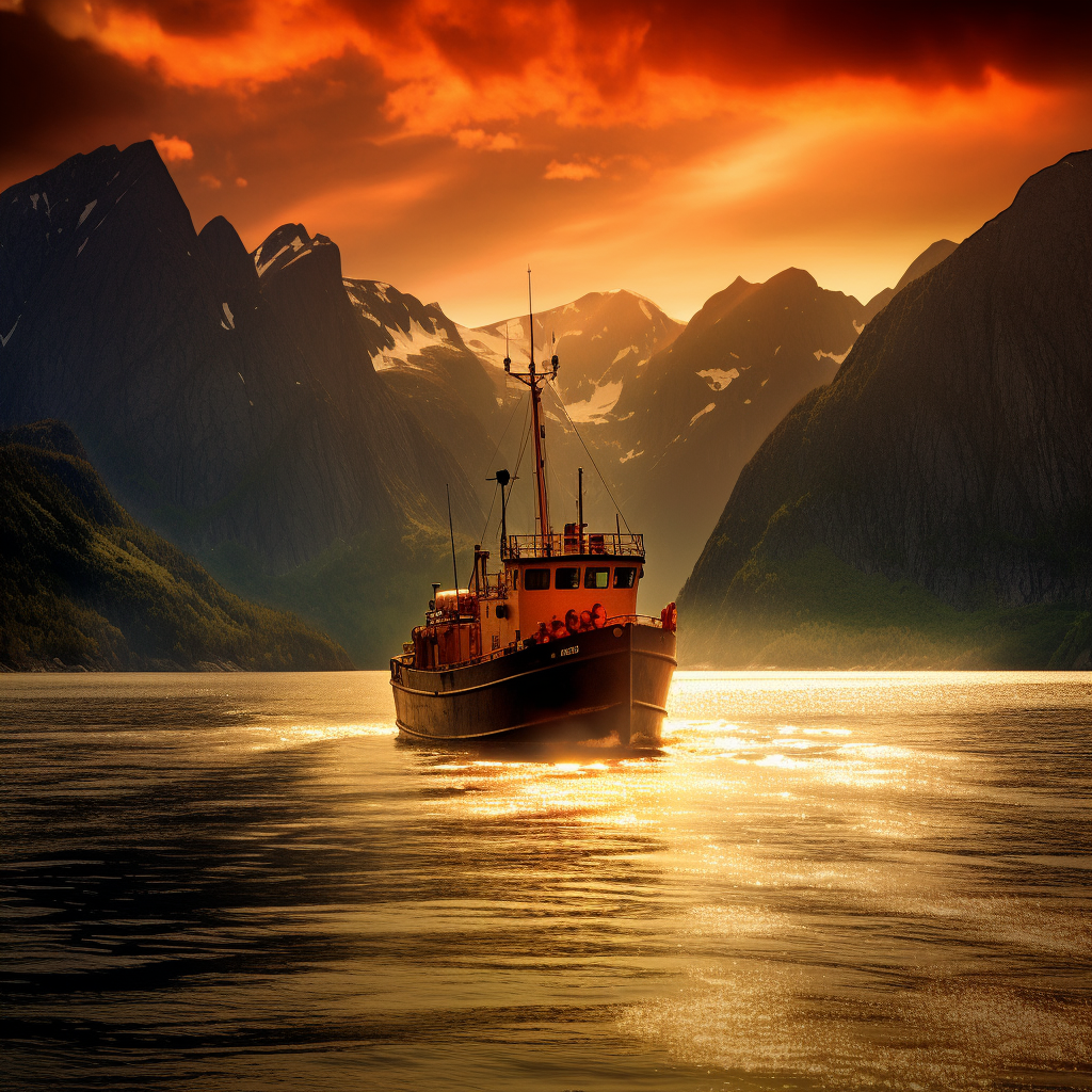 A Sunset Ensemble of Norwegian Fjords and Majestic Mountains