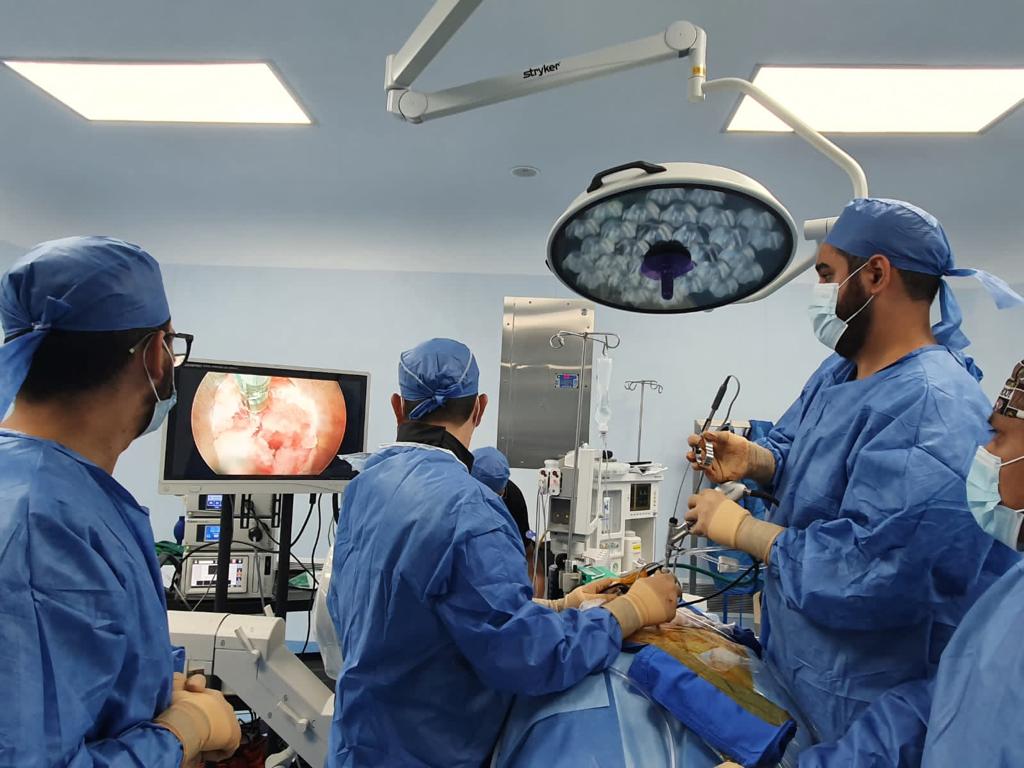 Dr. Gustavo Navarro and his surgical team performing endoscopic spine surgery, with the endoscopic view on the monitor