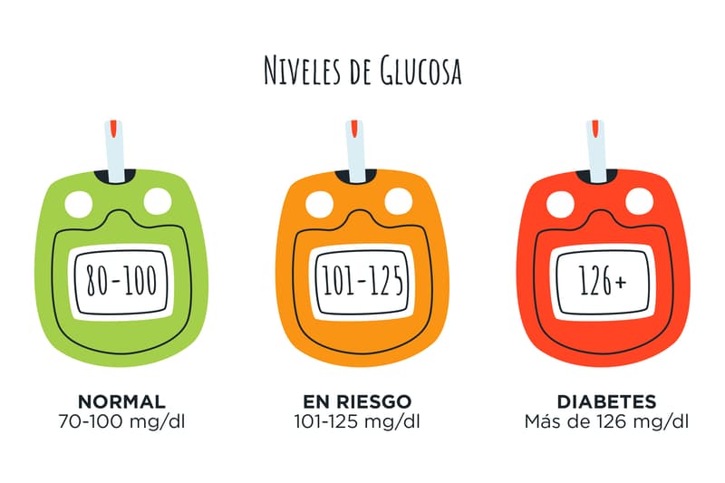 Infografía de niveles de glucosa en sangre: normal de 70 a 100 mg/dl, en riesgo de 101 a 125 mg/dl y diabetes con más de 126 mg/dl