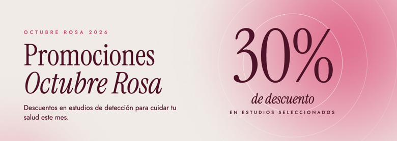 Pink October 2026 promotions graphic, in Spanish: 30% off selected screening studies.