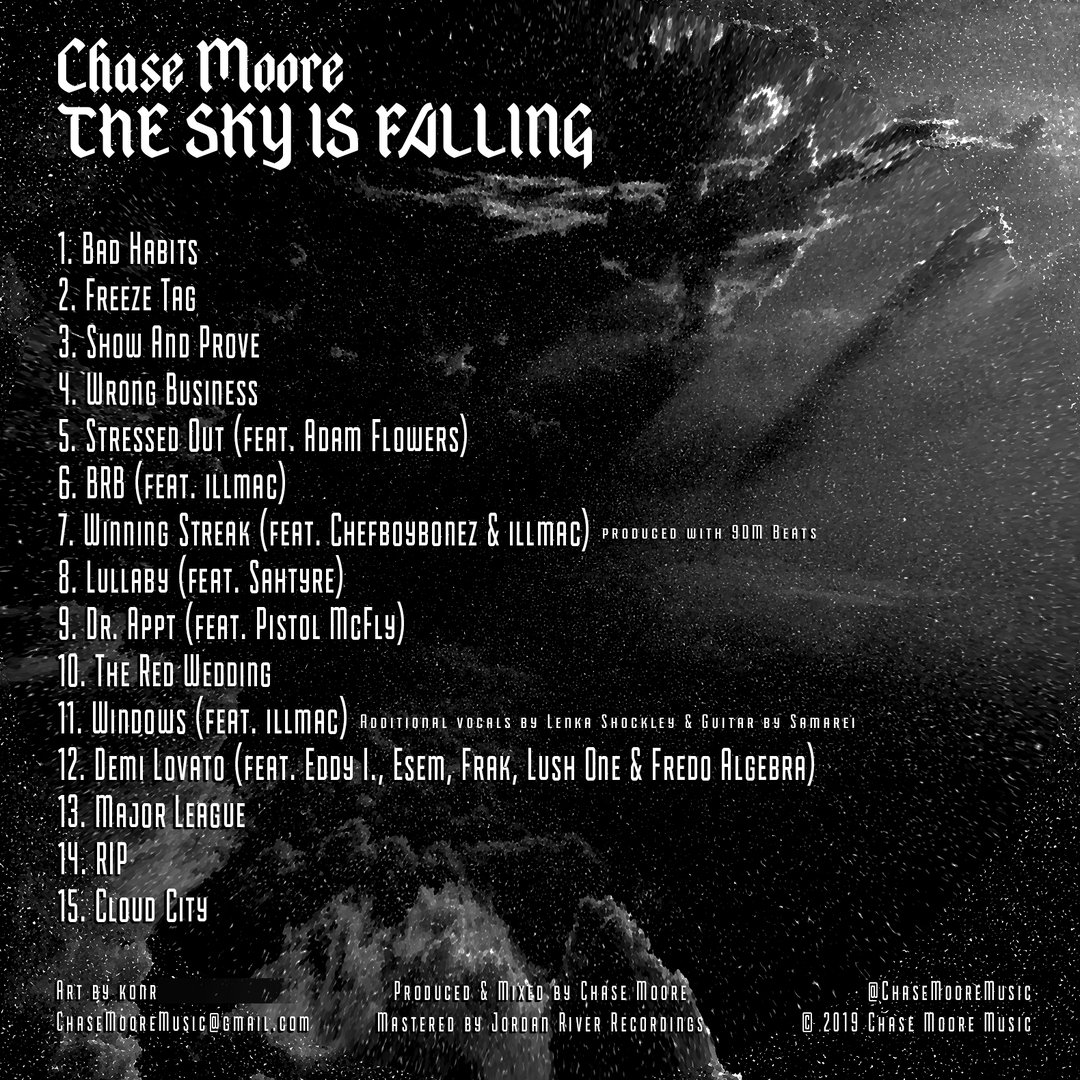 Tracklist design for Chase Moore's album 'THE SKY IS FALLING'