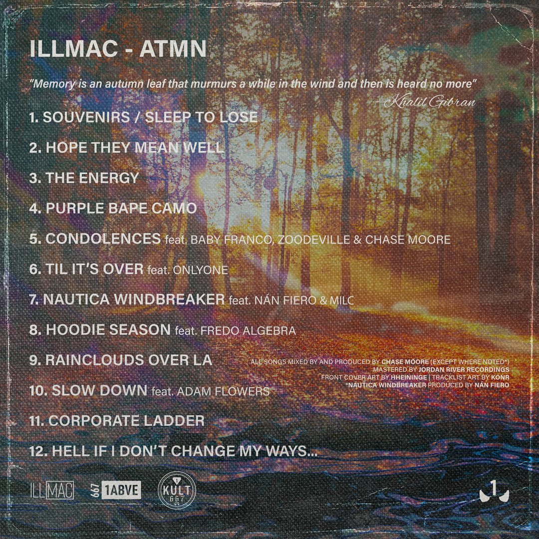 A tracklist design for Illmac's Atmn album.