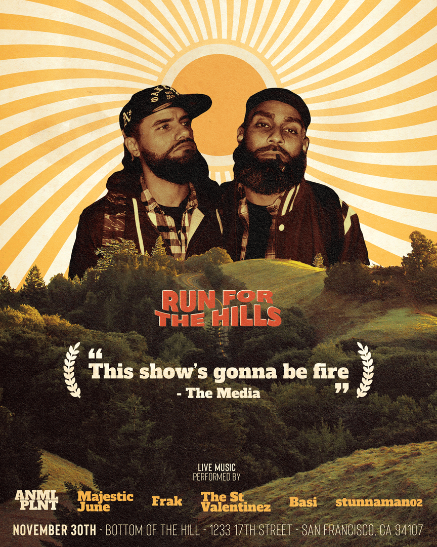 A GIF of every version of a flyer made for an event named RUN FOR THE HILLS, featuring ANML PLNT, Basi, Frak, Majestic June, stunnaman02, The St Valentinez and Taramoves.