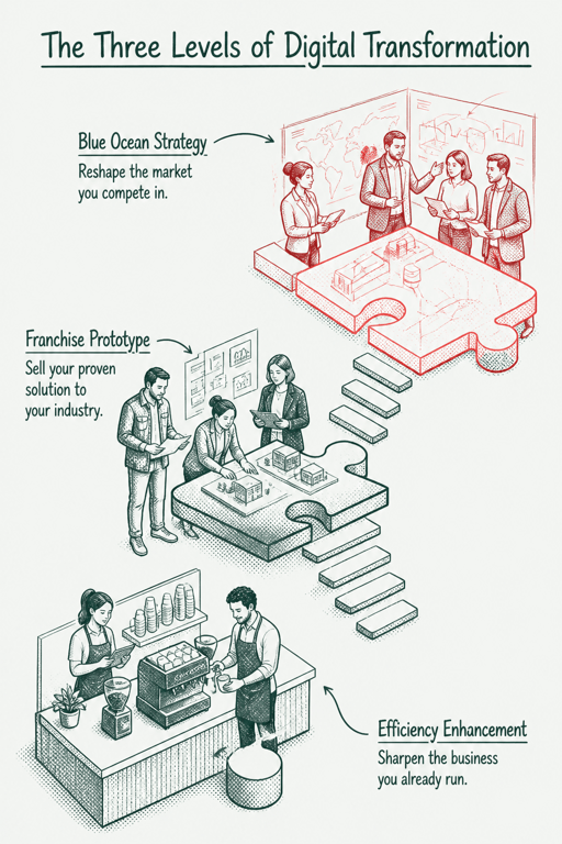 Infographic: the three levels of digital transformation — efficiency enhancement, the franchise prototype, and the blue ocean move — each building on the last toward greater return on investment