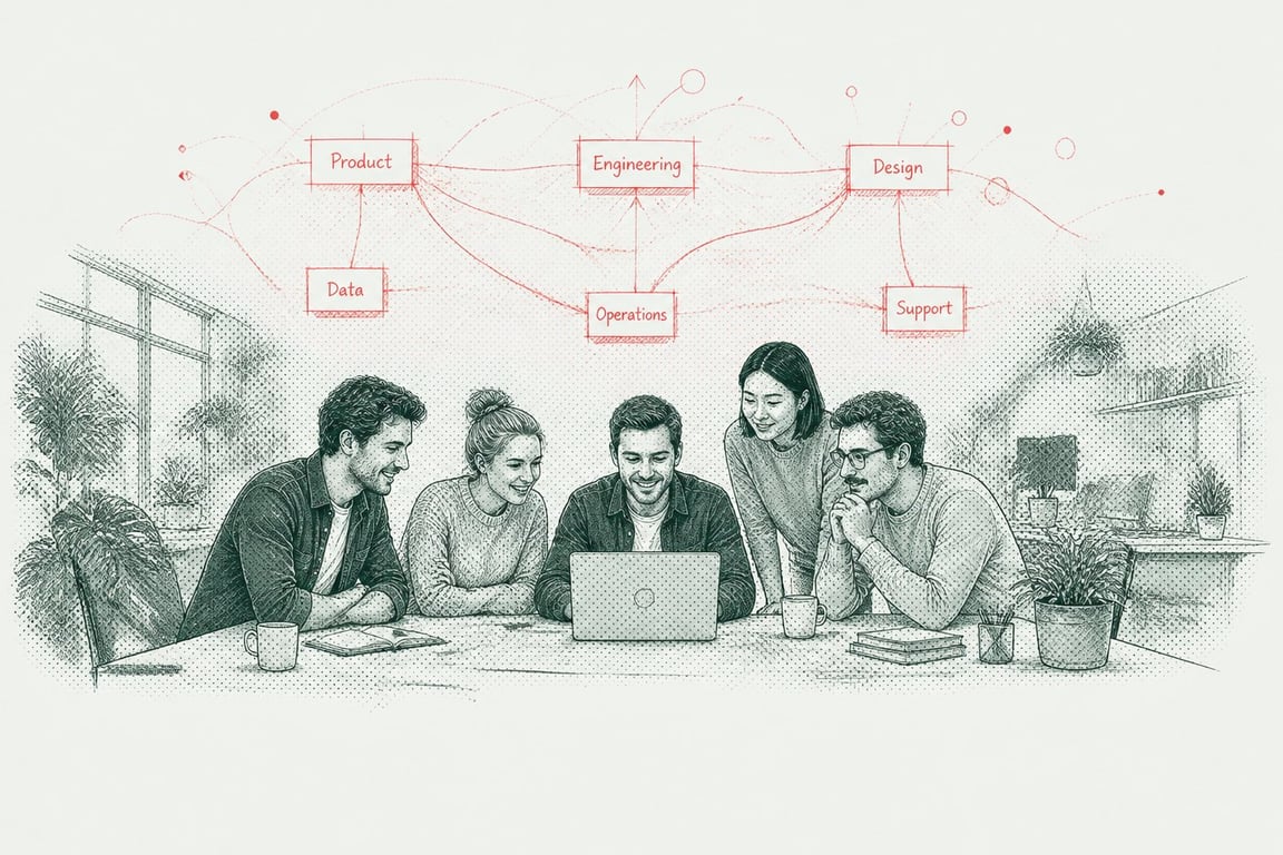 Ink illustration: a Melbourne team around a laptop as a build goes live, departments linking together sketched in red above them