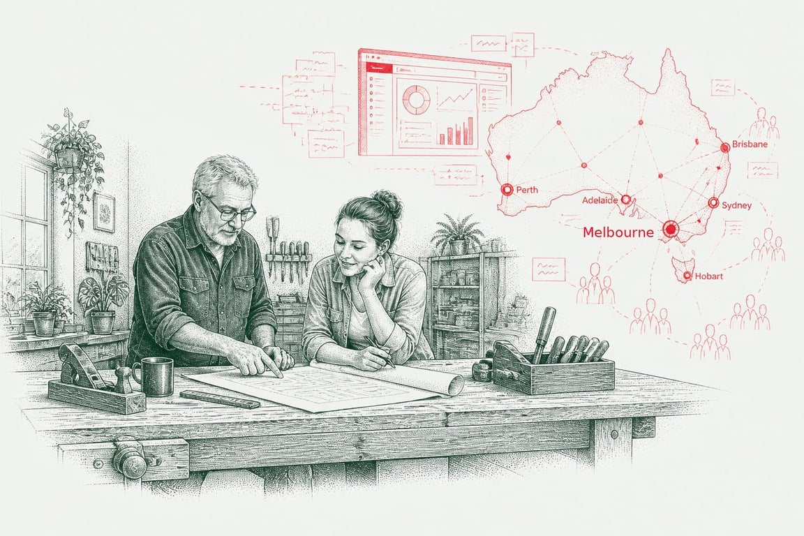 Ink illustration: a specialist reviewing plans with his daughter at a workbench, a red sketch of their product and customer network across Australia rising from the plans