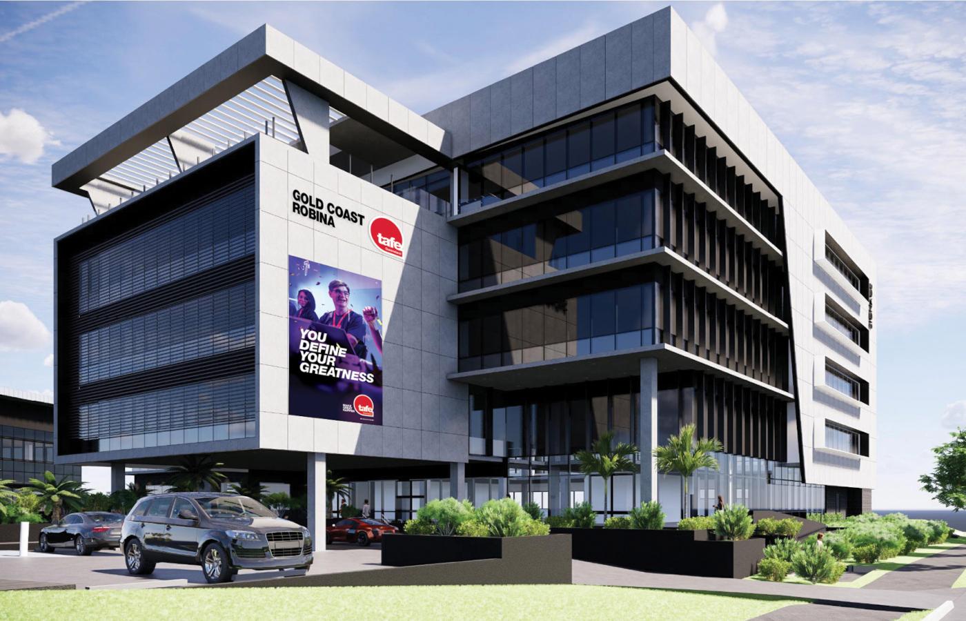 Fachada moderna del campus TAFE Queensland con un cartel publicitario, ideal para estudiantes que buscan cursos de inglés y continuidad de estudios en Australia.