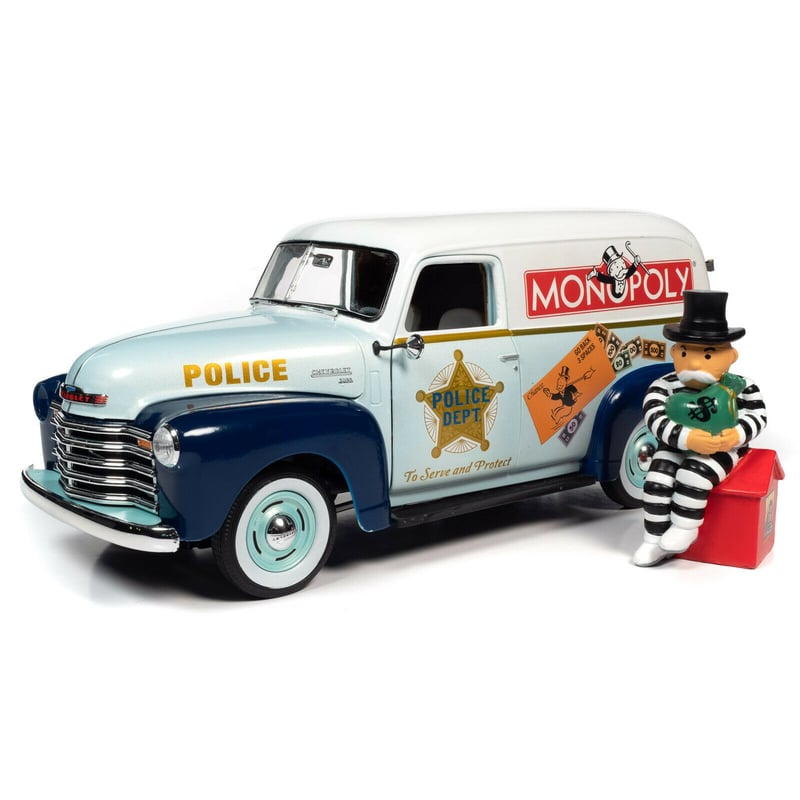 Autoworld 1/18 Chevrolet Police Van 1948 Monopoly Edition Bonus Mr. Monopoly Figure Included