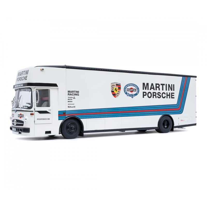 Schuco 1/18 Mercedes Benz O 317 K Race Car Transporter (Renntransporter) Team Porsche Martini Racing